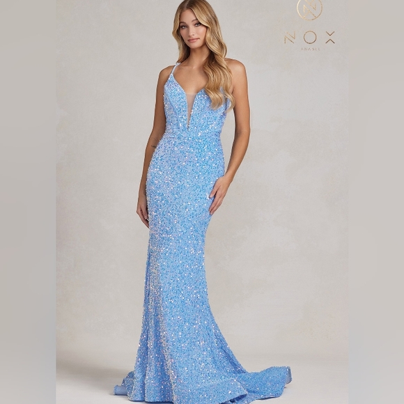 Aqua/black,black formal dress, blue,red sequins mermaid long lace up open back - Picture 10 of 11